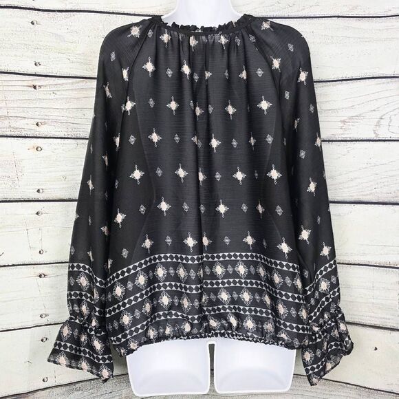Cato Black Boho Border Print Peasant Top Medium - Picture 5 of 9